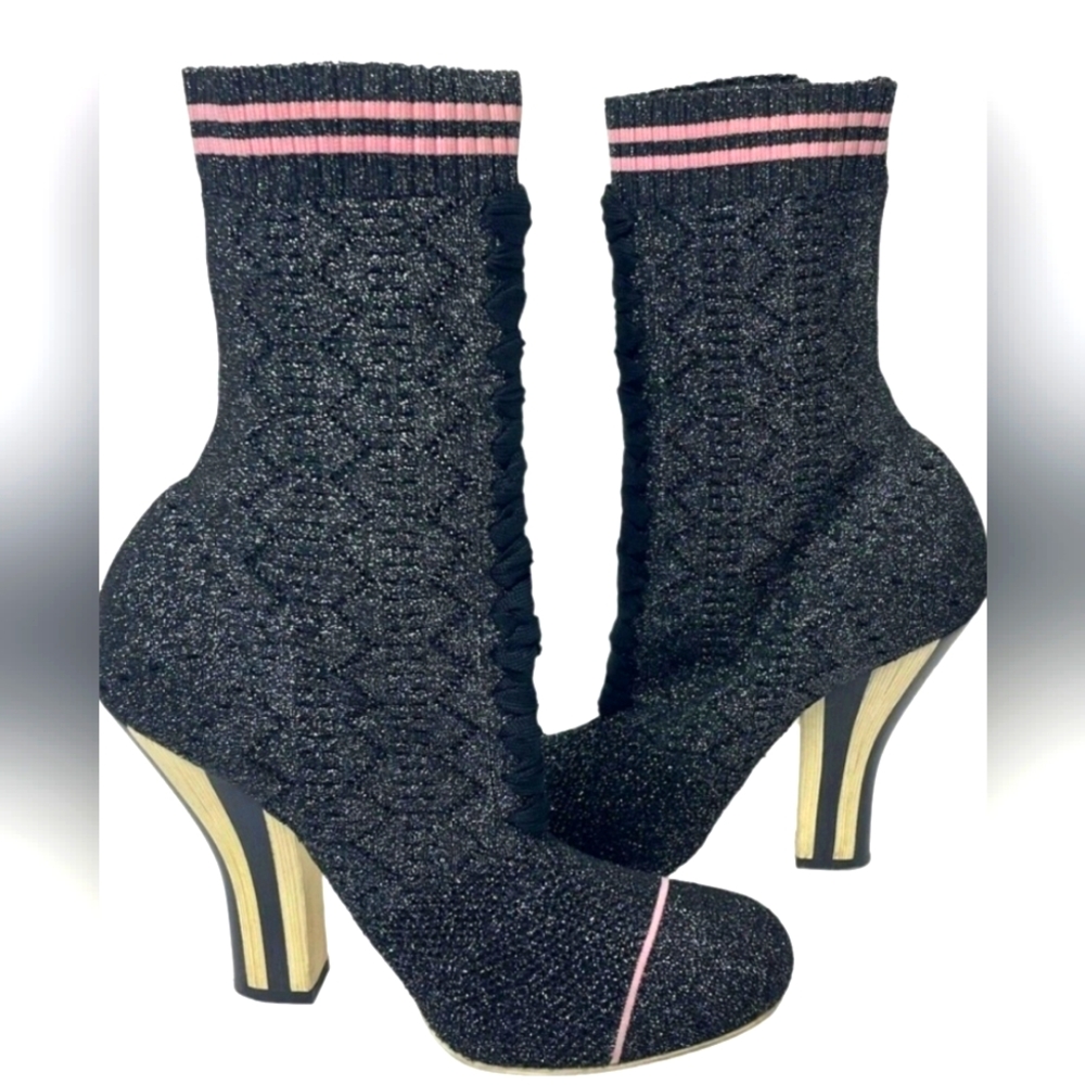 EUC Fendi Rockoko Metallic Knit AnkleBootie Sock Boots Black US 6.5EU 37 Sparkle